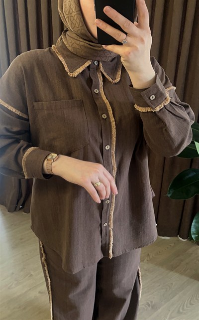 Kadın Kahverengi Saçak Detaylı Keten Dokulu Pamuklu Gömlek Pantolon Takım