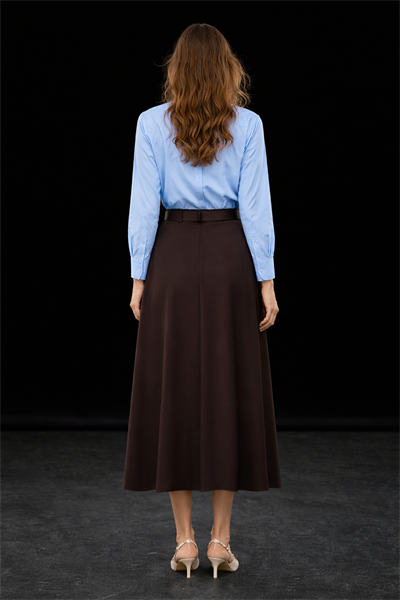 Kadın Kahverengi Yüksek Bel Pileli Kemerli Midi Boy Etek