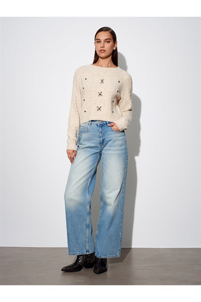 10462 Bisiklet Yaka Önü Taş İşlemeli Kazak-Bej