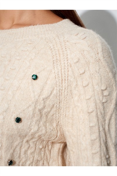 10462 Bisiklet Yaka Önü Taş İşlemeli Kazak-Bej