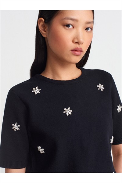 10683 Bisiklet Yaka Taş İşlemeli Triko Kazak-Siyah