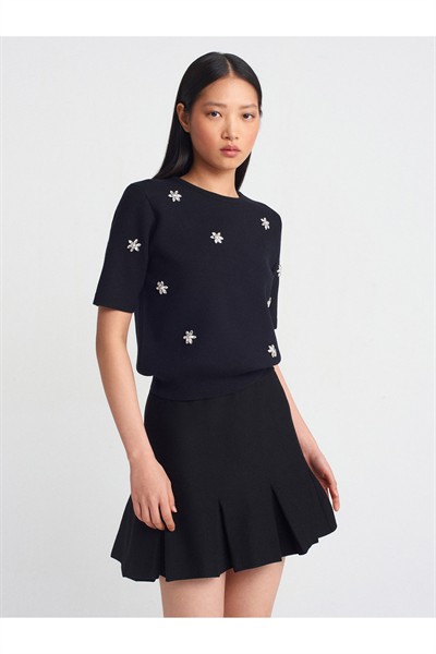 10683 Bisiklet Yaka Taş İşlemeli Triko Kazak-Siyah