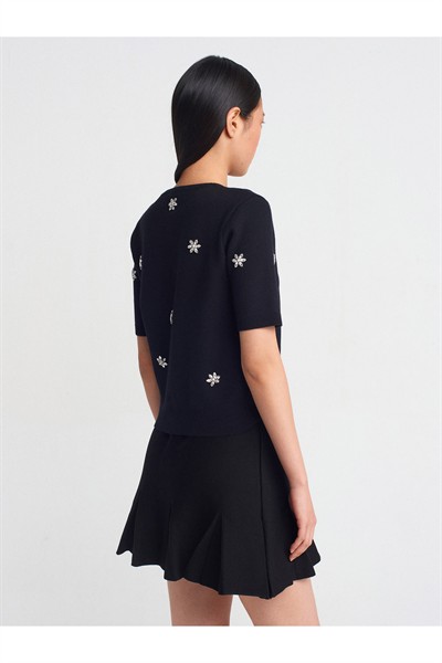 10683 Bisiklet Yaka Taş İşlemeli Triko Kazak-Siyah