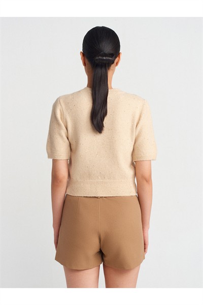 10703 Bisiklet Yaka Pullu Simli Triko Kazak-Bej