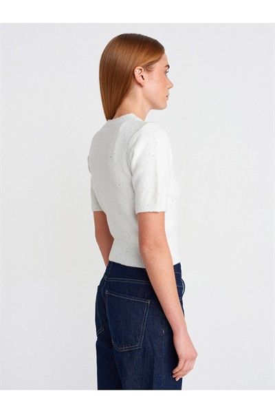 10703 Bisiklet Yaka Pullu Simli Triko Kazak-ekru