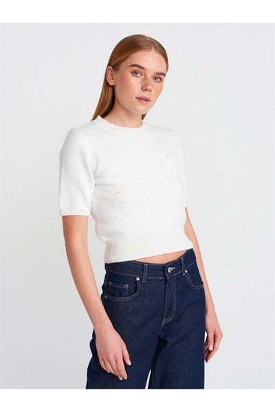 10703 Bisiklet Yaka Pullu Simli Triko Kazak-ekru