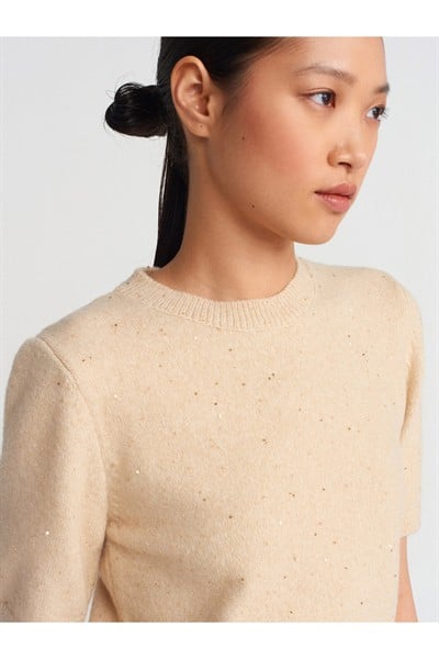 10703 Bisiklet Yaka Pullu Simli Triko Kazak-Bej