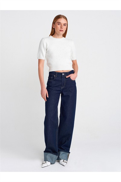 10703 Bisiklet Yaka Pullu Simli Triko Kazak-ekru