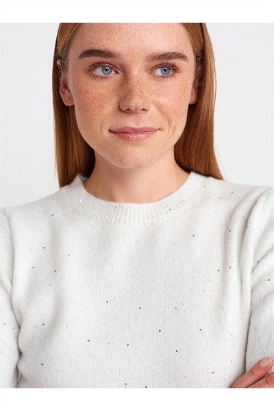 10703 Bisiklet Yaka Pullu Simli Triko Kazak-ekru
