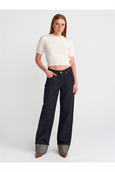 10703 Bisiklet Yaka Pullu Simli Triko Kazak-krem