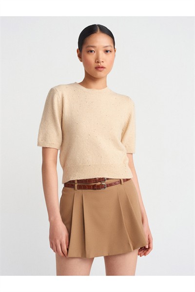 10703 Bisiklet Yaka Pullu Simli Triko Kazak-Bej