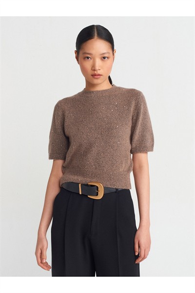 10703 Bisiklet Yaka Pullu Simli Triko Kazak-Vizon