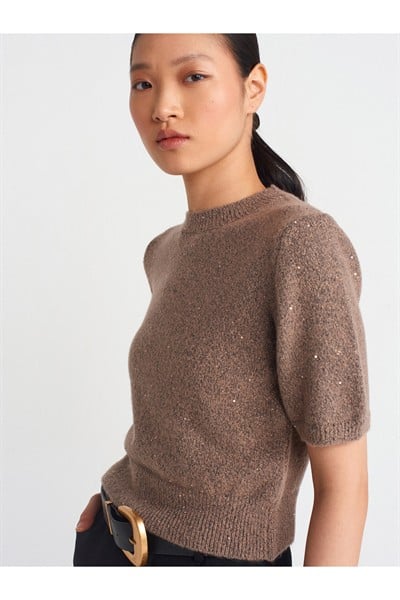 10703 Bisiklet Yaka Pullu Simli Triko Kazak-Vizon