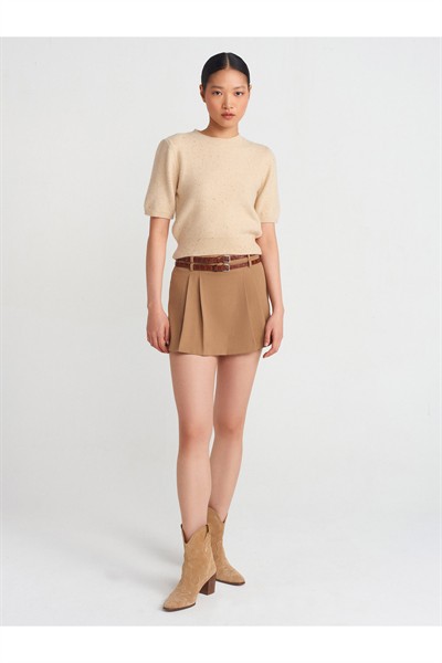 10703 Bisiklet Yaka Pullu Simli Triko Kazak-Bej