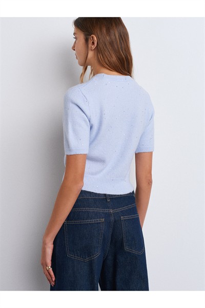 10703 Bisiklet Yaka Pullu Simli Triko Kazak-Mavi