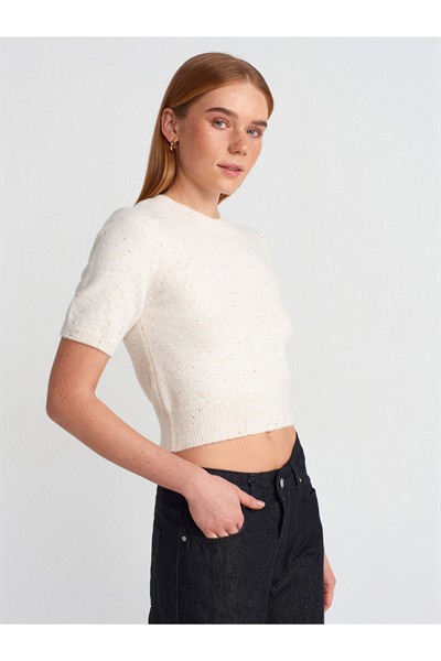 10703 Bisiklet Yaka Pullu Simli Triko Kazak-krem