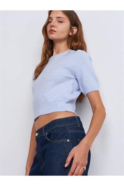 10703 Bisiklet Yaka Pullu Simli Triko Kazak-Mavi