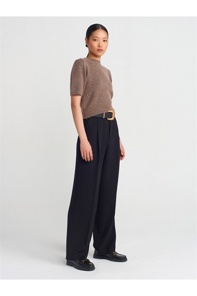 10703 Bisiklet Yaka Pullu Simli Triko Kazak-Vizon