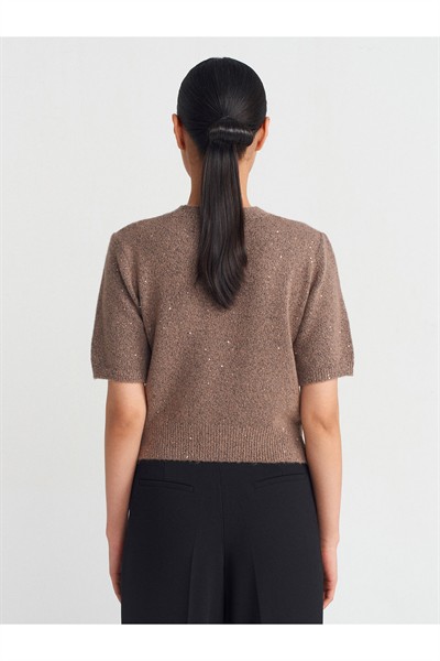 10703 Bisiklet Yaka Pullu Simli Triko Kazak-Vizon