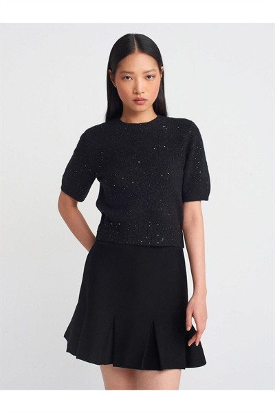 10703 Kadın Bisiklet Yaka Pullu Simli Yumuşak Gri Kısa Kollu Kazak