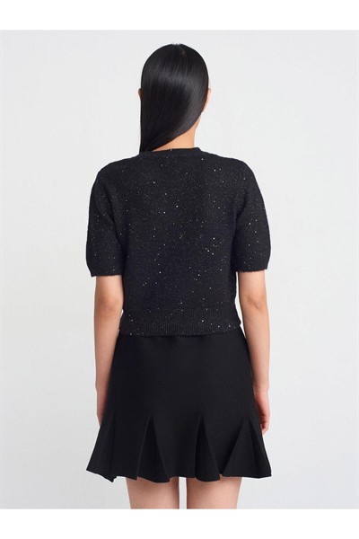 10703 Kadın Bisiklet Yaka Pullu Simli Yumuşak Gri Kısa Kollu Kazak