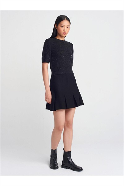 10703 Kadın Bisiklet Yaka Pullu Simli Yumuşak Gri Kısa Kollu Kazak