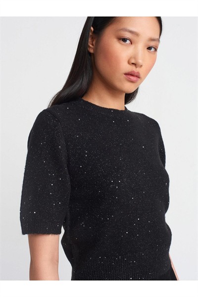 10703 Kadın Bisiklet Yaka Pullu Simli Yumuşak Gri Kısa Kollu Kazak