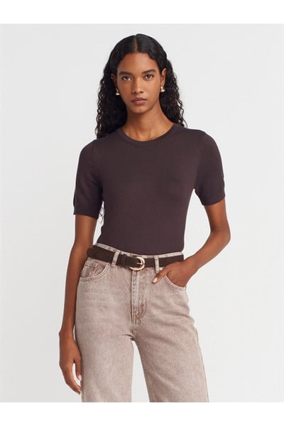 10779 Bisiklet Yaka Kısa Kol Basic Triko Bluz-Koyu Kahve
