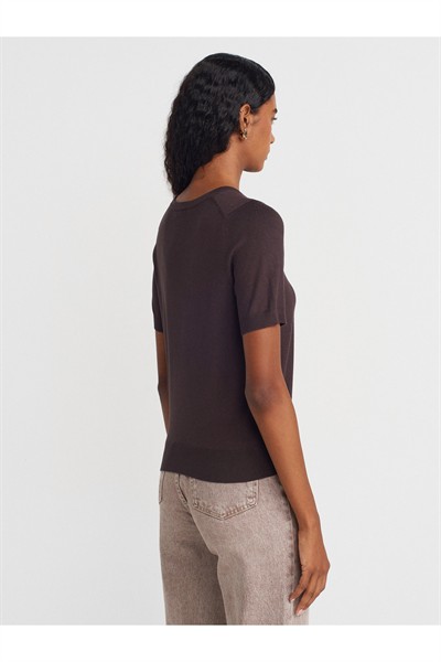 10779 Bisiklet Yaka Kısa Kol Basic Triko Bluz-Koyu Kahve