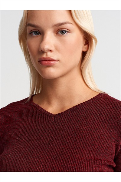 10803 V Yaka Simli Triko Kazak-Bordo