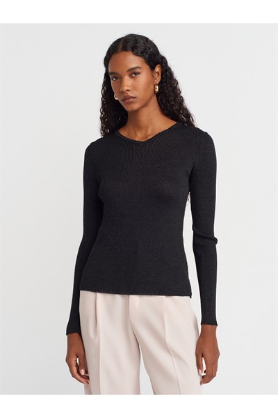 10803 V Yaka Simli Triko Kazak-Siyah