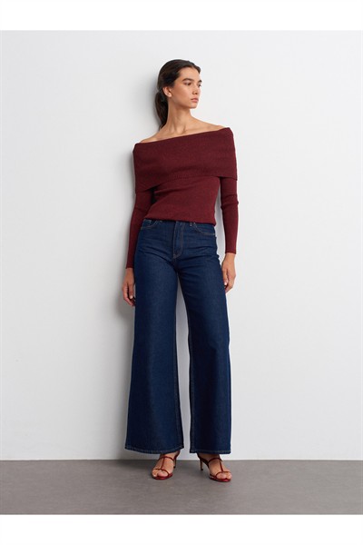 10808 Bardot Yaka Fitilli Simli Triko Kazak-Bordo