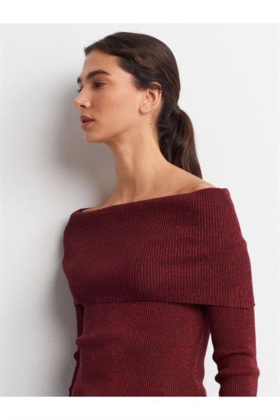 10808 Bardot Yaka Fitilli Simli Triko Kazak-Bordo