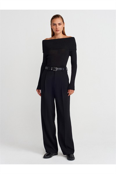 10808 Bardot Yaka Fitilli Simli Triko Kazak-Siyah