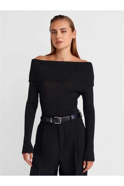 10808 Bardot Yaka Fitilli Simli Triko Kazak-Siyah