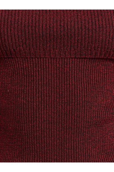 10808 Bardot Yaka Fitilli Simli Triko Kazak-Bordo