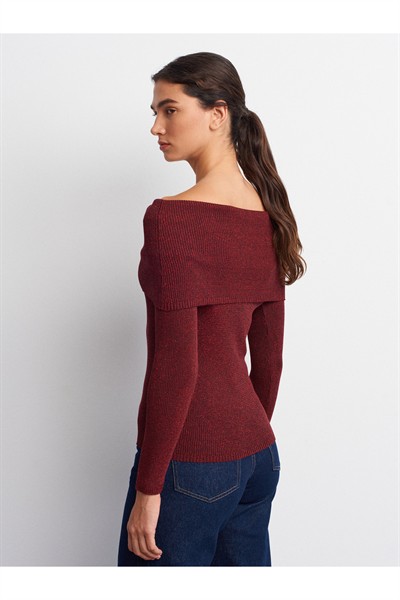 10808 Bardot Yaka Fitilli Simli Triko Kazak-Bordo