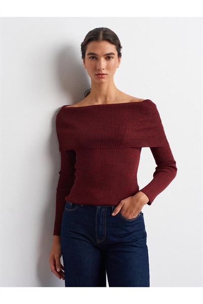 10808 Bardot Yaka Fitilli Simli Triko Kazak-Bordo