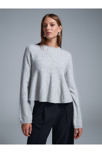 10832 Peplum Parıltılı Triko Kazak-Gri