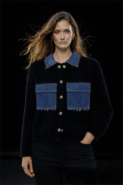 Kadın Metal Çıtçıtlı Denim Mix Saç Örgü Triko Ceket - Hırka