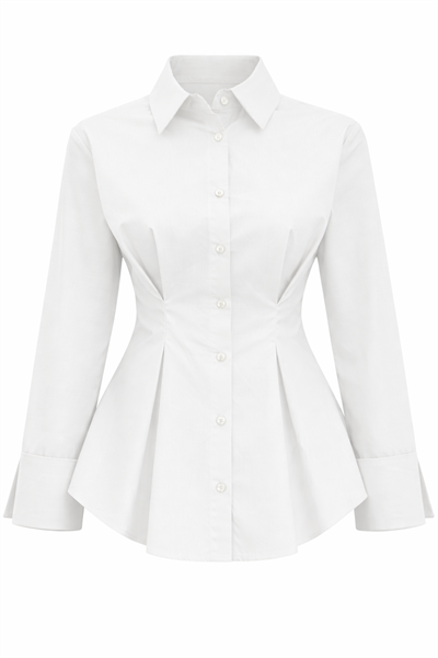 Beyaz Poplin %100 Pamuk Pilili Belden Oturtmalı Gömlek