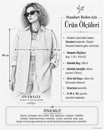 Naturel Nakış Detaylı Desenli Oversize Pamuk Keten Gömlek