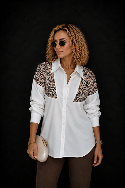 Kadın Beyaz Tasarım Leopar Detay Oversize Poplin Pamuklu Gömlek
