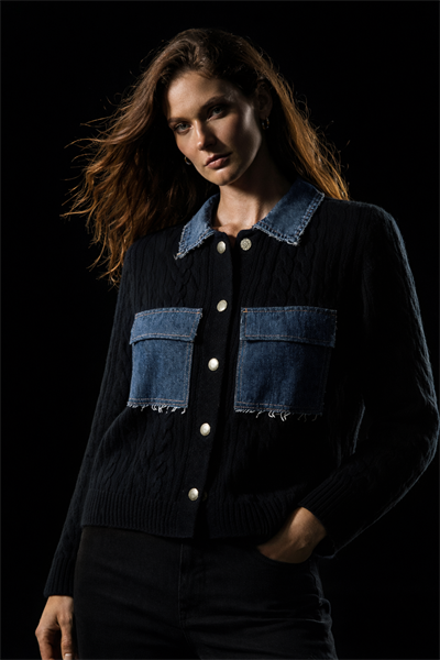 Kadın Metal Çıtçıtlı Denim Mix Saç Örgü Triko Ceket - Hırka