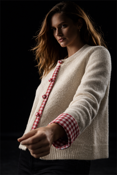 Kadın Krem Pötikare Garnili Triko Hırka