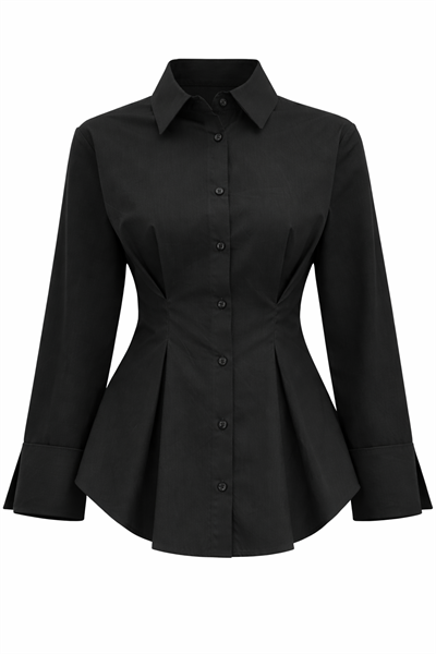 Siyah Poplin %100 Pamuk Pilili Belden Oturtmalı Gömlek