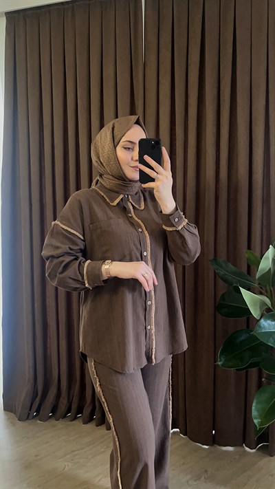 Kadın Kahverengi Saçak Detaylı Keten Dokulu Pamuklu Gömlek Pantolon Takım