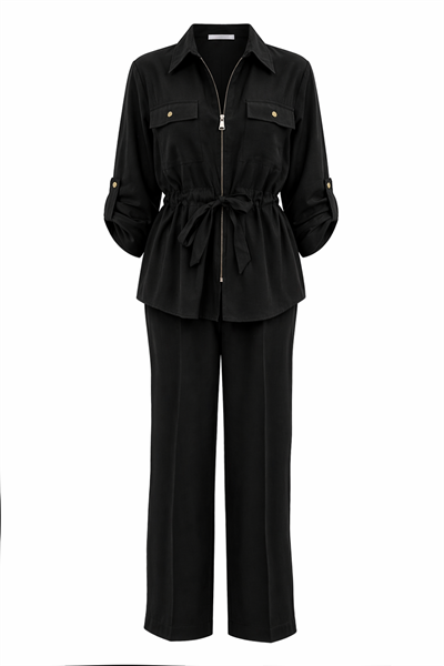 Siyah Tensel Kumaş Fermuar ve Bağcıklı Şık İkili Takım