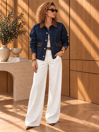 Lacivert Denim Kahve Kadife Yaka Cepli Nakışlı Ceket