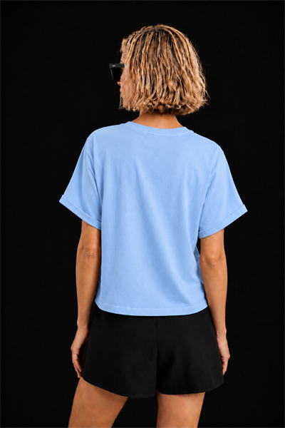 Mavi Pamuklu Bisiklet Yaka Rahat Kalıp Papatya Nakışlı T-Shirt
